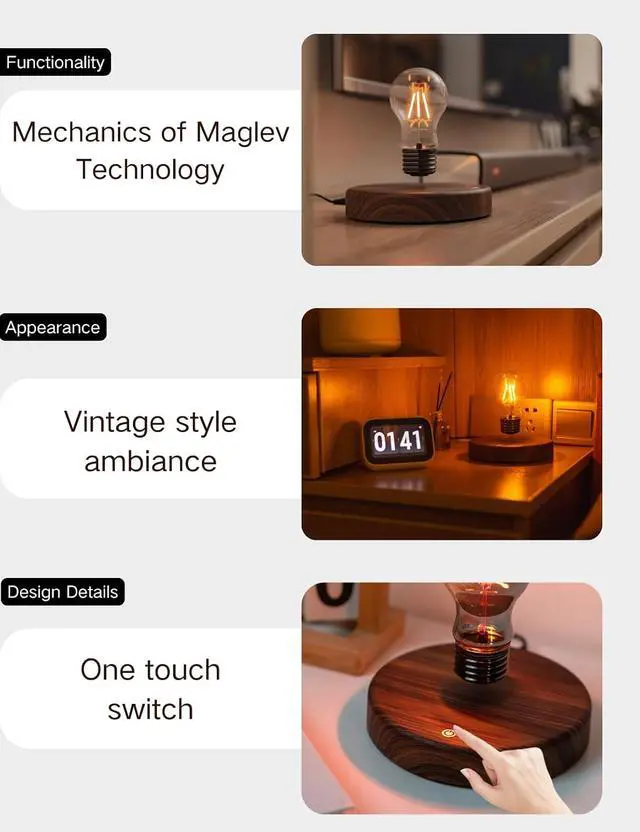 Alt view image 3 of 7 - MOOCCI Levitating Bulb Lamp, Magnetic Floating Night Light & Desk Decor, Unique Valentines Day Gift for Her and Him, Cool Tech Gadget for Home Office, Christmas Birthday Present (Round-Classic Bulb)