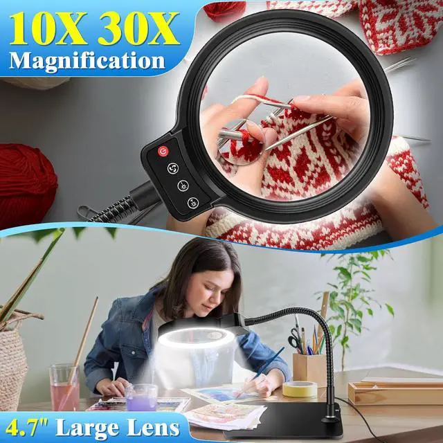 Alt view image 2 of 7 - 30X 10X Magnifying Glass with Light and Stand, 72 LED 3 Color Modes Stepless Dimmable, Hands Free Lighted Magnifier Desk Lamp for Close Work Craft Hobby Painting Sewing Jewelry Reading, Square