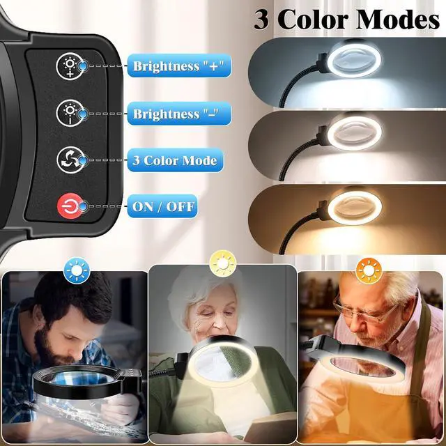 Alt view image 4 of 7 - 30X 10X Magnifying Glass with Light and Stand, 72 LED 3 Color Modes Stepless Dimmable, Hands Free Lighted Magnifier Desk Lamp for Close Work Craft Hobby Painting Sewing Jewelry Reading, Square