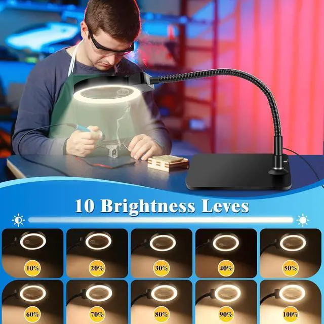 Alt view image 5 of 7 - 30X 10X Magnifying Glass with Light and Stand, 72 LED 3 Color Modes Stepless Dimmable, Hands Free Lighted Magnifier Desk Lamp for Close Work Craft Hobby Painting Sewing Jewelry Reading, Square