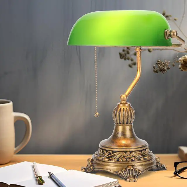 Main image of NISSAFORS Bankers Lamp with Pull Switch, Green Glass Desk Lamp with Retro Black/Gold Finish, Vintage Table Lamps for Living Room, Library, Piano(Green)