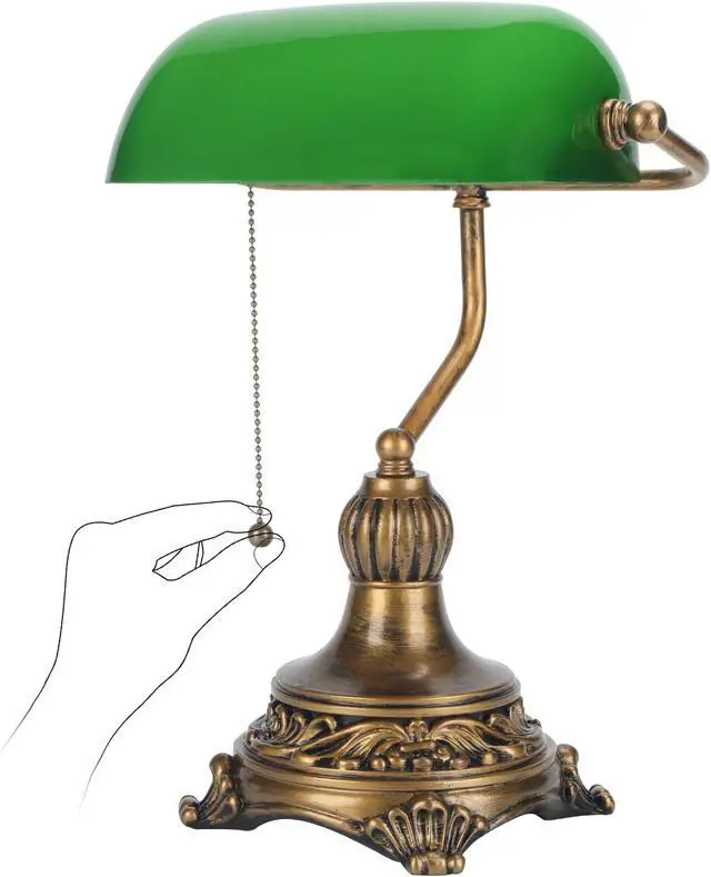 Alt view image 2 of 7 - NISSAFORS Bankers Lamp with Pull Switch, Green Glass Desk Lamp with Retro Black/Gold Finish, Vintage Table Lamps for Living Room, Library, Piano(Green)