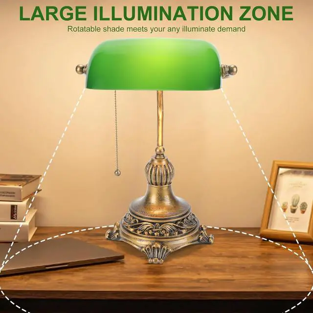 Alt view image 3 of 7 - NISSAFORS Bankers Lamp with Pull Switch, Green Glass Desk Lamp with Retro Black/Gold Finish, Vintage Table Lamps for Living Room, Library, Piano(Green)