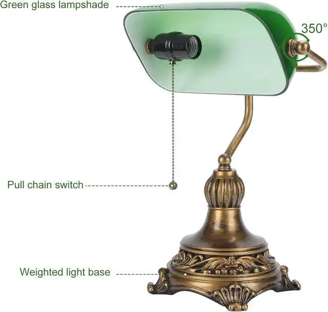 Alt view image 4 of 7 - NISSAFORS Bankers Lamp with Pull Switch, Green Glass Desk Lamp with Retro Black/Gold Finish, Vintage Table Lamps for Living Room, Library, Piano(Green)