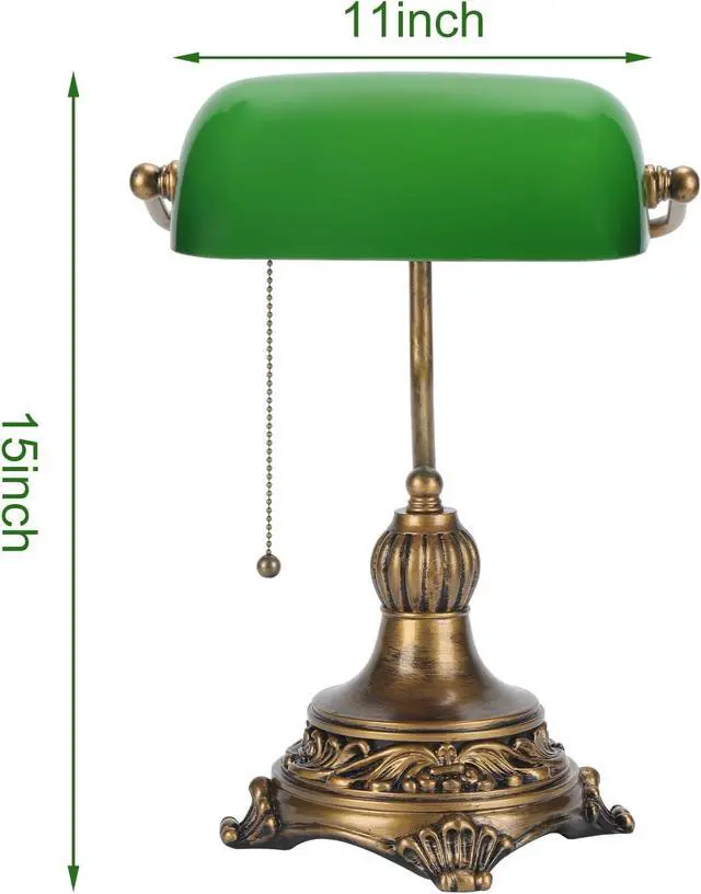 Alt view image 5 of 7 - NISSAFORS Bankers Lamp with Pull Switch, Green Glass Desk Lamp with Retro Black/Gold Finish, Vintage Table Lamps for Living Room, Library, Piano(Green)