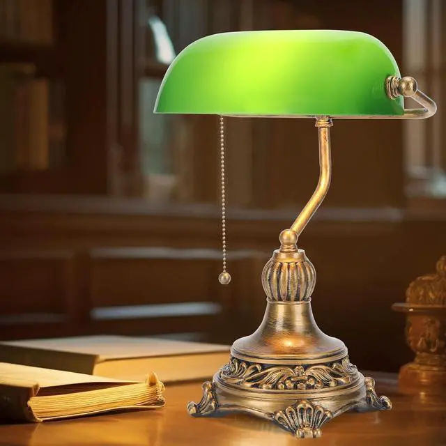 Alt view image 6 of 7 - NISSAFORS Bankers Lamp with Pull Switch, Green Glass Desk Lamp with Retro Black/Gold Finish, Vintage Table Lamps for Living Room, Library, Piano(Green)