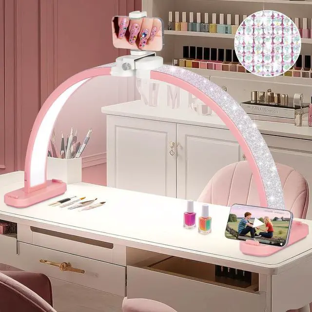 Main image of HITTI Super Large 31in Half Moon Light for Nail Desk, Foldable Arch Light for Nail Tech Lamp with Phone Stand, LED Table Lamp for Manicure, Handicraft, Art, Eyelash Extension (Crystal Diamond)-Pink