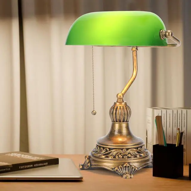 Alt view image 7 of 7 - NISSAFORS Bankers Lamp with Pull Switch, Green Glass Desk Lamp with Retro Black/Gold Finish, Vintage Table Lamps for Living Room, Library, Piano(Green)