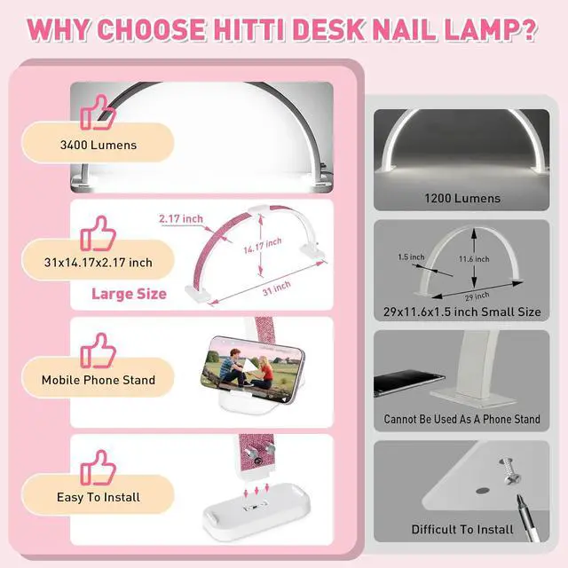Alt view image 2 of 7 - HITTI Super Large 31in Half Moon Light for Nail Desk, Foldable Arch Light for Nail Tech Lamp with Phone Stand, LED Table Lamp for Manicure, Handicraft, Art, Eyelash Extension (Crystal Diamond)-Pink