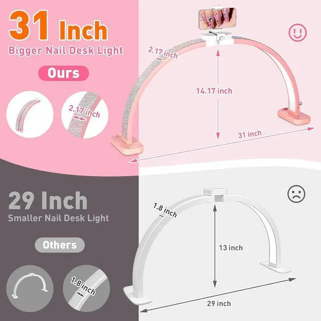 Alt view image 3 of 7 - HITTI Super Large 31in Half Moon Light for Nail Desk, Foldable Arch Light for Nail Tech Lamp with Phone Stand, LED Table Lamp for Manicure, Handicraft, Art, Eyelash Extension (Crystal Diamond)-Pink