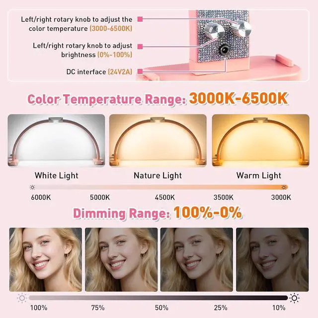 Alt view image 6 of 7 - HITTI Super Large 31in Half Moon Light for Nail Desk, Foldable Arch Light for Nail Tech Lamp with Phone Stand, LED Table Lamp for Manicure, Handicraft, Art, Eyelash Extension (Crystal Diamond)-Pink