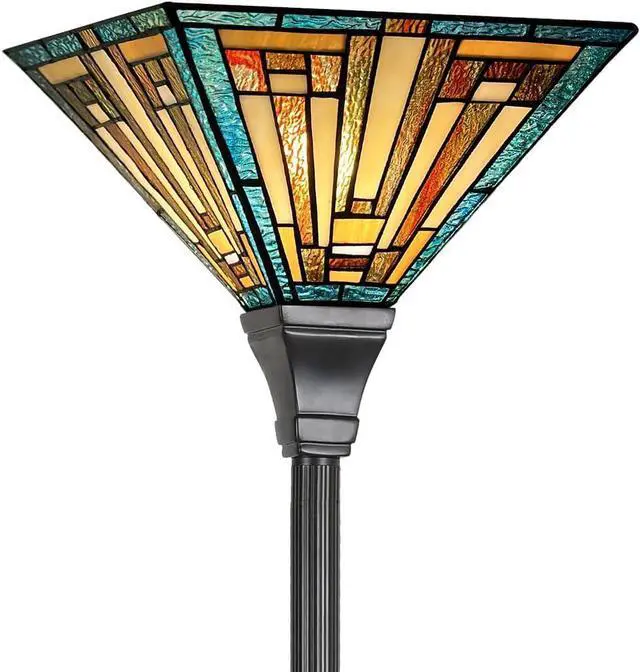 Main image of Tiffany Torchiere Floor Lamp Mission Style Green Stained Glass Torch Light 70" Tall Antique Standing Corner Light for Living Room Bedroom Home Office