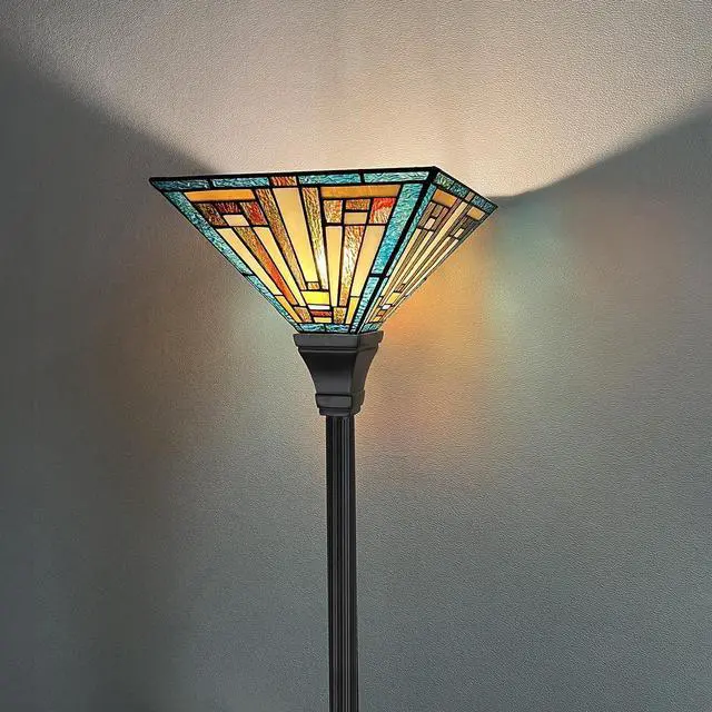 Alt view image 3 of 7 - Tiffany Torchiere Floor Lamp Mission Style Green Stained Glass Torch Light 70" Tall Antique Standing Corner Light for Living Room Bedroom Home Office