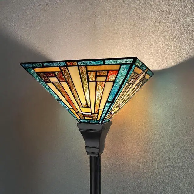 Alt view image 2 of 7 - Tiffany Torchiere Floor Lamp Mission Style Green Stained Glass Torch Light 70" Tall Antique Standing Corner Light for Living Room Bedroom Home Office
