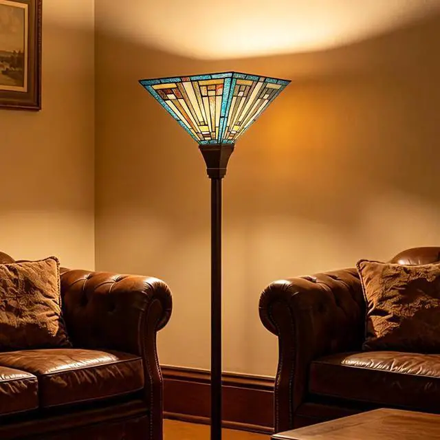 Alt view image 4 of 7 - Tiffany Torchiere Floor Lamp Mission Style Green Stained Glass Torch Light 70" Tall Antique Standing Corner Light for Living Room Bedroom Home Office