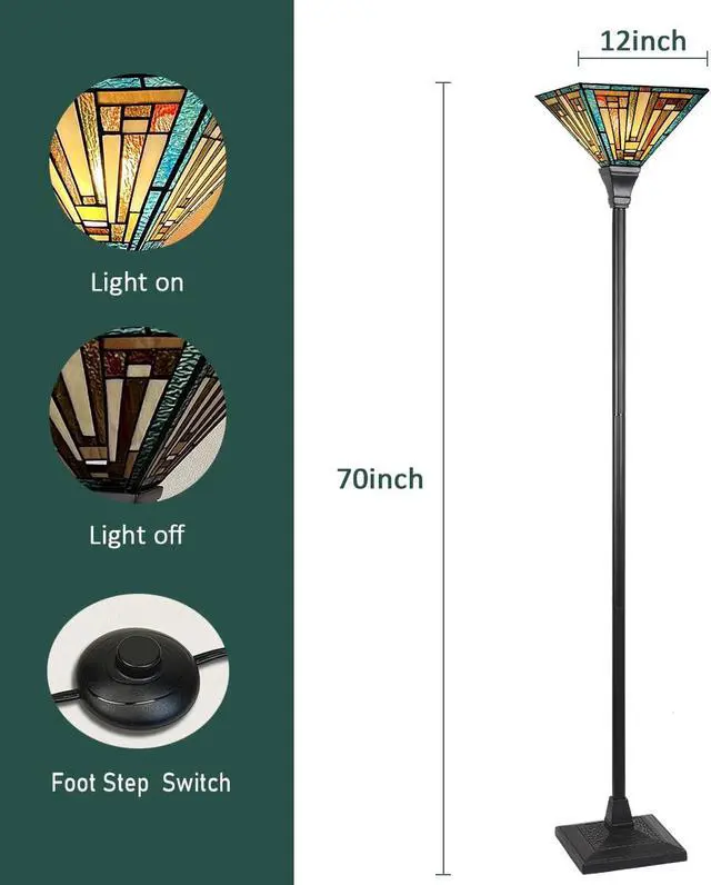 Alt view image 7 of 7 - Tiffany Torchiere Floor Lamp Mission Style Green Stained Glass Torch Light 70" Tall Antique Standing Corner Light for Living Room Bedroom Home Office