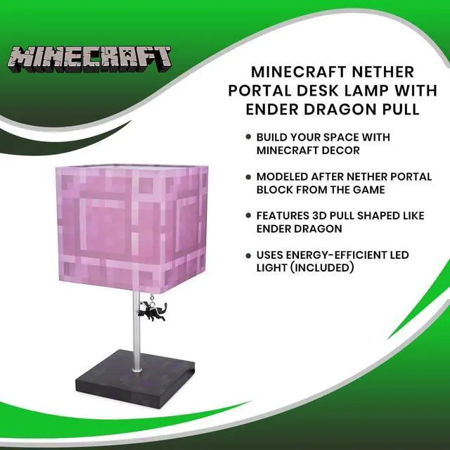 Alt view image 6 of 6 - Minecraft Nether Portal Desk Lamp with Ender Dragon Pull | Nightstand Table Lamp with LED Mood Light for Bedroom, Desk, Living Room, Playroom | Home Decor Kids Room Essentials | Video Game Gifts