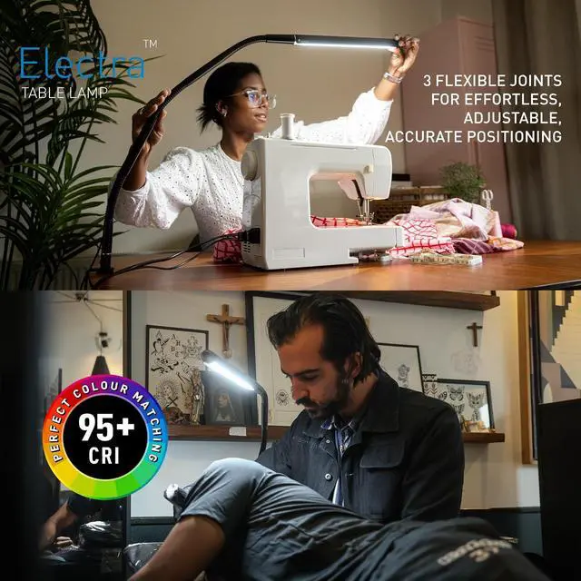 Alt view image 2 of 6 - Electra Table Lamp: 3 Color Temperatures (Daylight 6000K/Cool 4000K/Warm 2700K), 95+ CRI LED, Dimmer Switch, Flexible Arm, Desk Lamp for Artists, Crafts & Office (Black, 2500 Lux at 12")