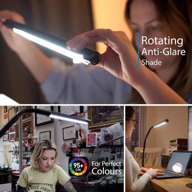 Alt view image 3 of 6 - Electra Table Lamp: 3 Color Temperatures (Daylight 6000K/Cool 4000K/Warm 2700K), 95+ CRI LED, Dimmer Switch, Flexible Arm, Desk Lamp for Artists, Crafts & Office (Black, 2500 Lux at 12")