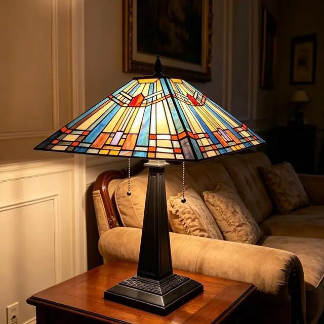 Alt view image 6 of 7 - Tiffany Table Lamp 16" Wide Handmade Stained Glass Lamp Shade 2 Light Blue Mission Style Vintage Table Lamp for Living Room Bedroom