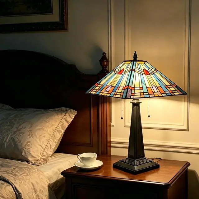 Alt view image 4 of 7 - Tiffany Table Lamp 16" Wide Handmade Stained Glass Lamp Shade 2 Light Blue Mission Style Vintage Table Lamp for Living Room Bedroom