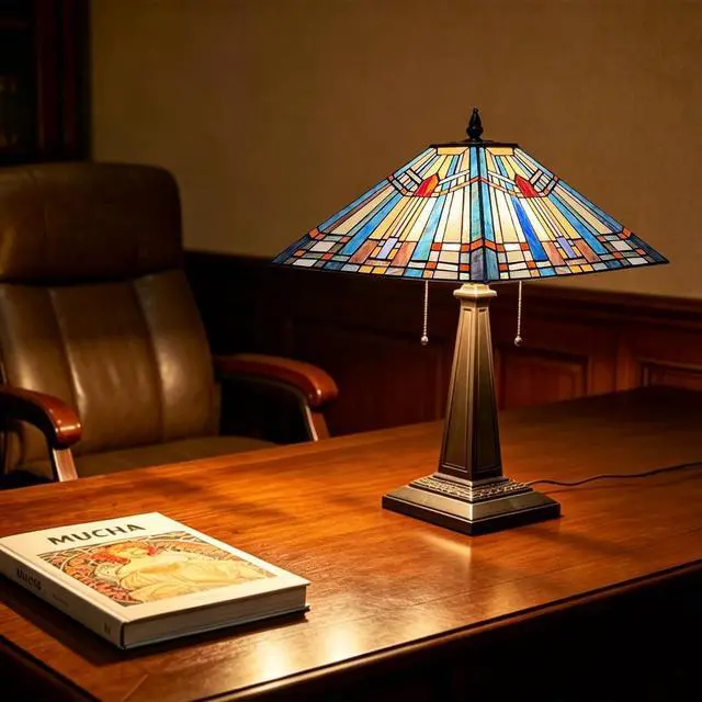 Alt view image 5 of 7 - Tiffany Table Lamp 16" Wide Handmade Stained Glass Lamp Shade 2 Light Blue Mission Style Vintage Table Lamp for Living Room Bedroom