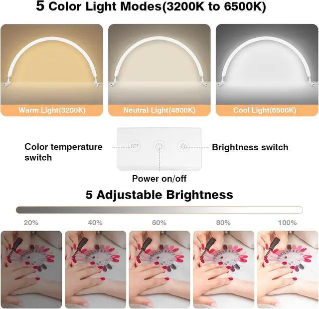 Alt view image 2 of 7 - Mznoo Half Moon Light for Nail Desk, 30'', White | Phone Holder, 3 Color Modes, 5 Brightness Levels, Professional Nail Tech Light, Manicure Salon and Handicraft