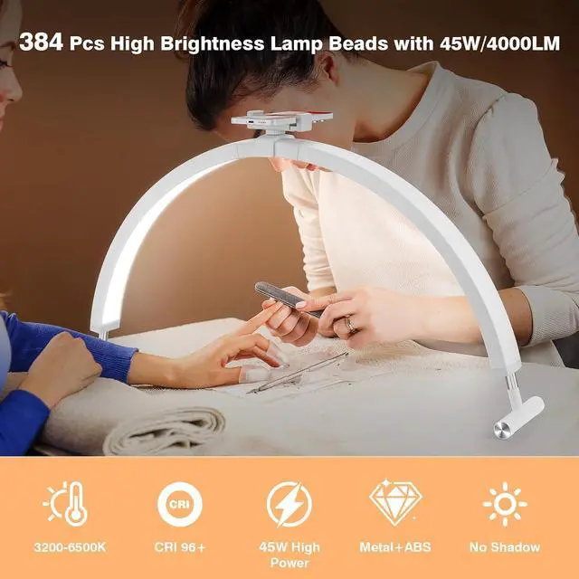 Alt view image 3 of 7 - Mznoo Half Moon Light for Nail Desk, 30'', White | Phone Holder, 3 Color Modes, 5 Brightness Levels, Professional Nail Tech Light, Manicure Salon and Handicraft