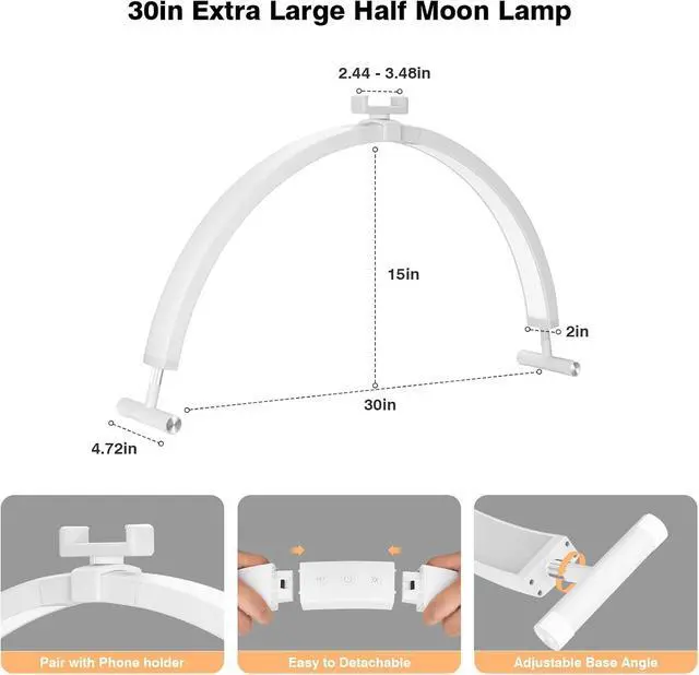 Alt view image 7 of 7 - Mznoo Half Moon Light for Nail Desk, 30'', White | Phone Holder, 3 Color Modes, 5 Brightness Levels, Professional Nail Tech Light, Manicure Salon and Handicraft