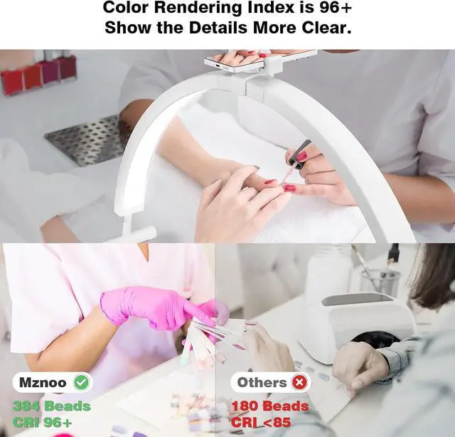 Alt view image 5 of 7 - Mznoo Half Moon Light for Nail Desk, 30'', White | Phone Holder, 3 Color Modes, 5 Brightness Levels, Professional Nail Tech Light, Manicure Salon and Handicraft