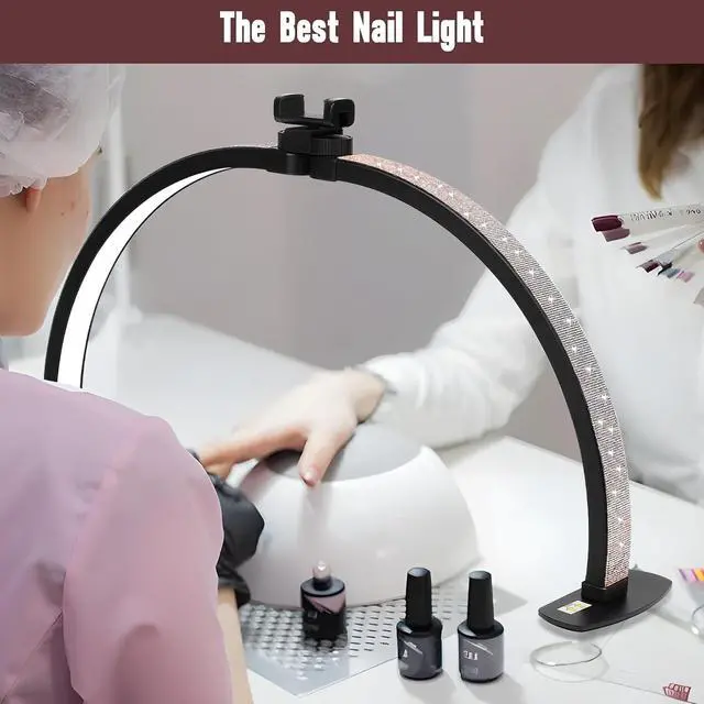 Alt view image 2 of 7 - Half Moon Light for Nail Desk with Phone Holder, 29IN Folding Half-Moon Light with Shinning Diamond, LED Lamp for Nail Art, Eyelash Extension, Tattooing, Skin Management, Color Temperature 3000-6500K