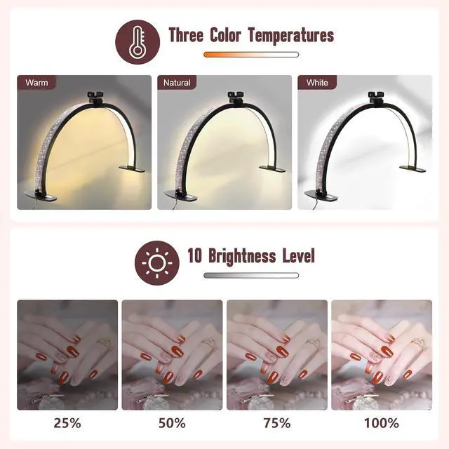 Alt view image 3 of 7 - Half Moon Light for Nail Desk with Phone Holder, 29IN Folding Half-Moon Light with Shinning Diamond, LED Lamp for Nail Art, Eyelash Extension, Tattooing, Skin Management, Color Temperature 3000-6500K