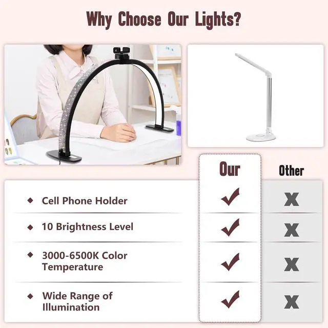 Alt view image 6 of 7 - Half Moon Light for Nail Desk with Phone Holder, 29IN Folding Half-Moon Light with Shinning Diamond, LED Lamp for Nail Art, Eyelash Extension, Tattooing, Skin Management, Color Temperature 3000-6500K