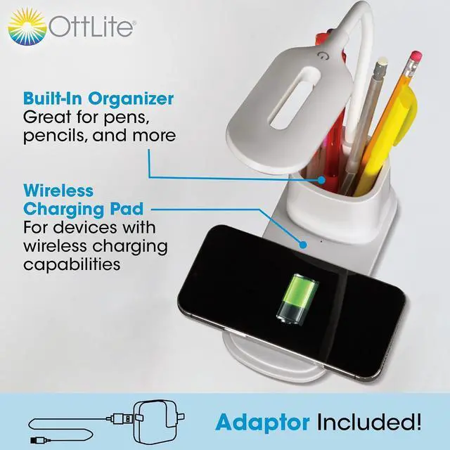 Alt view image 2 of 7 - OttLite Organizer LED Desk Lamp with Wireless Charging - 3 Color Temperatures, Dimmable with Touch Activated Controls, Flexible Neck - Includes Storage Area for Desk Supplies