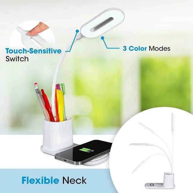 Alt view image 3 of 7 - OttLite Organizer LED Desk Lamp with Wireless Charging - 3 Color Temperatures, Dimmable with Touch Activated Controls, Flexible Neck - Includes Storage Area for Desk Supplies