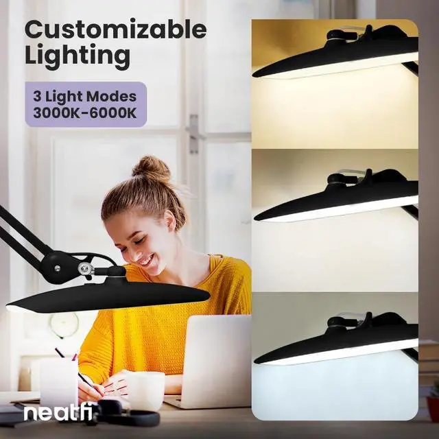 Alt view image 6 of 7 - Neatfi XL 2200 Lumens 20W LED Desk Lamp with Clamp Adjustable Color Temperature | 4-Level Dimmable Light | Home Office, Crafts & Workbench | 20-Inch Wide Head (Black, CCT with Clamp)