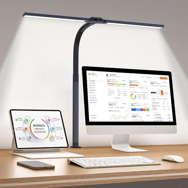 Main image of LED Desk Lamp for Home Office, Eye-Caring Desk Light with Clamp, 24W Double Head Architect Task Lamp Stepless Dimming, Flexible Gooseneck Bright Table Lamp for Study Reading Workbench Drafting