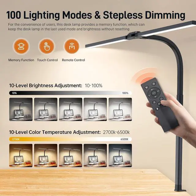 Alt view image 3 of 7 - LED Desk Lamp for Home Office, Eye-Caring Desk Light with Clamp, 24W Double Head Architect Task Lamp Stepless Dimming, Flexible Gooseneck Bright Table Lamp for Study Reading Workbench Drafting