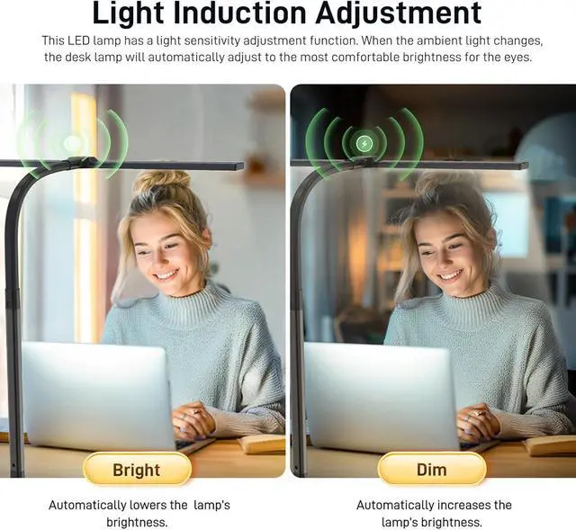 Alt view image 5 of 7 - LED Desk Lamp for Home Office, Eye-Caring Desk Light with Clamp, 24W Double Head Architect Task Lamp Stepless Dimming, Flexible Gooseneck Bright Table Lamp for Study Reading Workbench Drafting