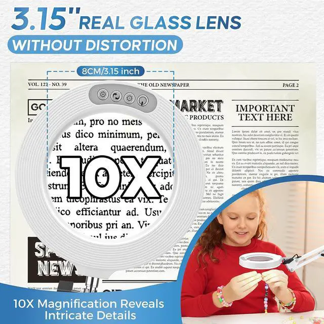 Alt view image 2 of 7 - 10X Magnifying Glass with Light and Stand,Portable Magnifying Glasses Magnifier with Light, Velvet Bag, 5 Color Modes 2-in-1 LED Desk Magnifier Lamp, Magnify Glasses for Close Work Hobbies