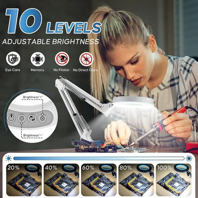 Alt view image 4 of 7 - 10X Magnifying Glass with Light and Stand,Portable Magnifying Glasses Magnifier with Light, Velvet Bag, 5 Color Modes 2-in-1 LED Desk Magnifier Lamp, Magnify Glasses for Close Work Hobbies