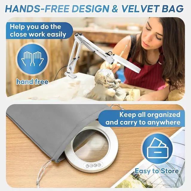 Alt view image 5 of 7 - 10X Magnifying Glass with Light and Stand,Portable Magnifying Glasses Magnifier with Light, Velvet Bag, 5 Color Modes 2-in-1 LED Desk Magnifier Lamp, Magnify Glasses for Close Work Hobbies