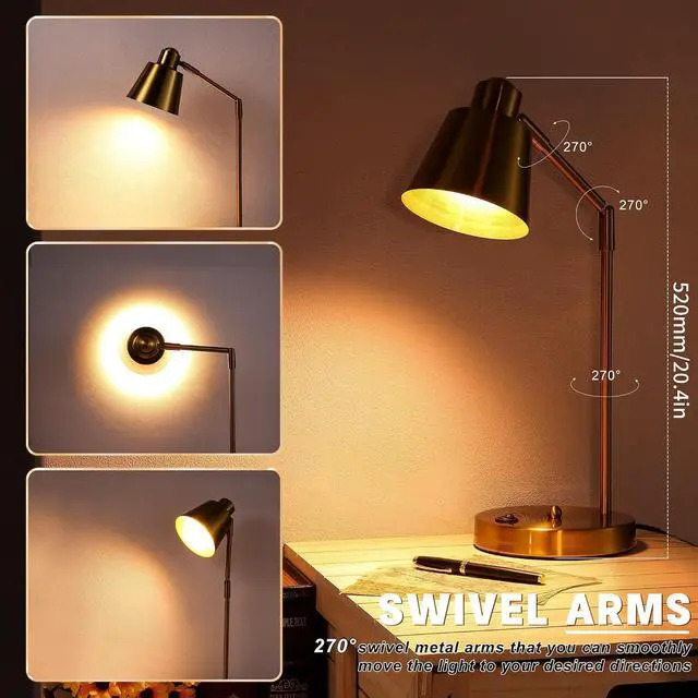 Alt view image 2 of 7 - Anxingtools LED Desk Lamp with Dual USB Charging Ports, 100% Metal, 270° Swivel Arms, Soft White Light (3000K), Bedside Reading Lamp, Home Office Lamp(Golden)