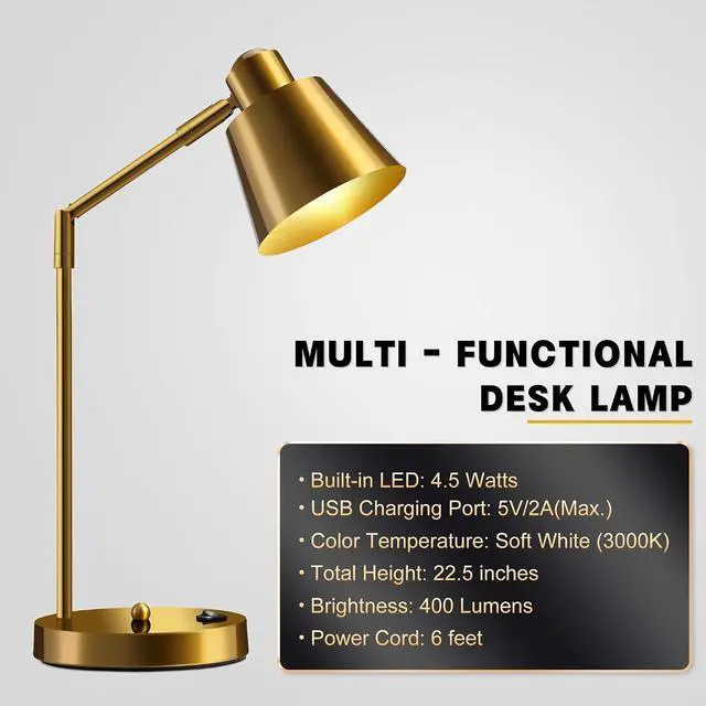 Alt view image 5 of 7 - Anxingtools LED Desk Lamp with Dual USB Charging Ports, 100% Metal, 270° Swivel Arms, Soft White Light (3000K), Bedside Reading Lamp, Home Office Lamp(Golden)