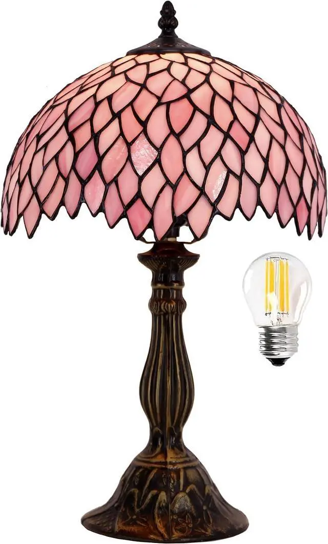 Main image of WERFACTORY Tiffany Table Lamp Pink Wisteria Style Stained Glass Desk Light | Bedside Reading Light 12X12X18 Inches Decor Bedroom Living Room Home Office S523 Series