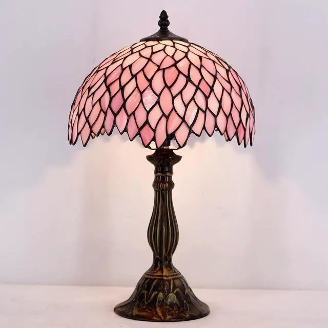 Alt view image 2 of 7 - WERFACTORY Tiffany Table Lamp Pink Wisteria Style Stained Glass Desk Light | Bedside Reading Light 12X12X18 Inches Decor Bedroom Living Room Home Office S523 Series