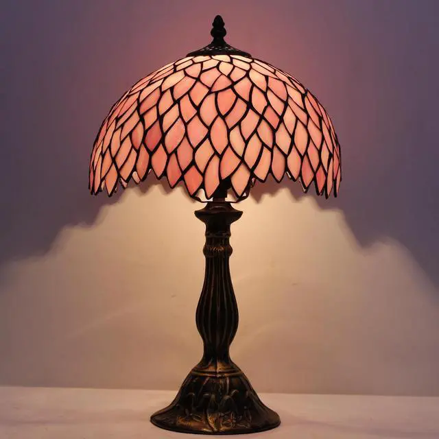 Alt view image 3 of 7 - WERFACTORY Tiffany Table Lamp Pink Wisteria Style Stained Glass Desk Light | Bedside Reading Light 12X12X18 Inches Decor Bedroom Living Room Home Office S523 Series