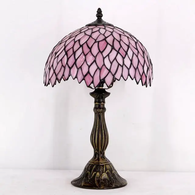 Alt view image 6 of 7 - WERFACTORY Tiffany Table Lamp Pink Wisteria Style Stained Glass Desk Light | Bedside Reading Light 12X12X18 Inches Decor Bedroom Living Room Home Office S523 Series