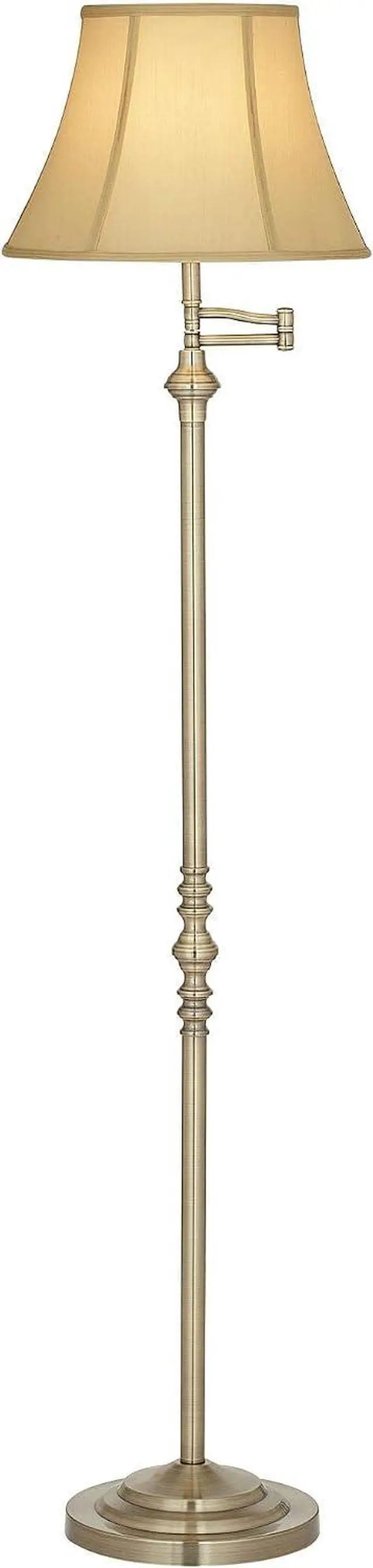 Main image of Regency Hill Montebello Traditional Adjustable Swing Arm Floor Lamp Standing 60" Tall Antique Brass Metal Column Golden Tan Bell Shade for Living Room Reading House Family Bedroom Home