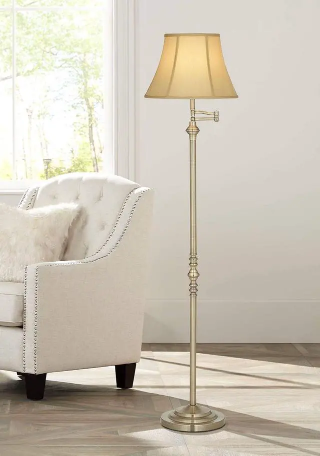 Alt view image 2 of 7 - Regency Hill Montebello Traditional Adjustable Swing Arm Floor Lamp Standing 60" Tall Antique Brass Metal Column Golden Tan Bell Shade for Living Room Reading House Family Bedroom Home